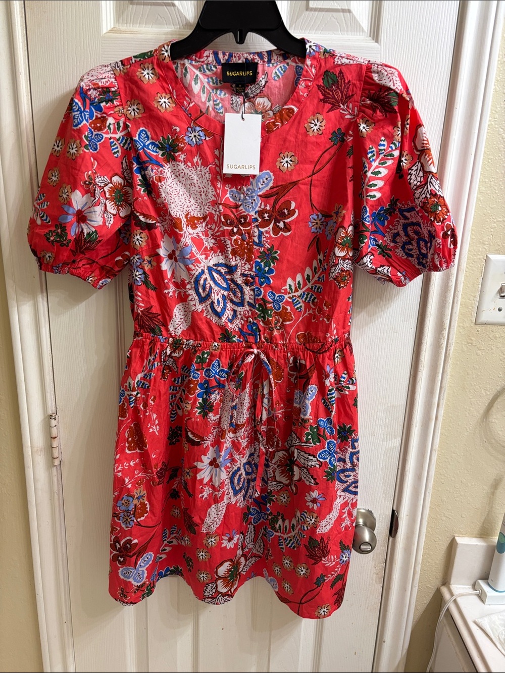 Sugarlips Coral Floral Button-Front 100% cotton dress. NWT